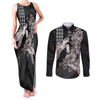 Hawaiian Turtle Love Couple Couples Matching Tank Maxi Dress and Long Sleeve Button Shirt - Sweet Hibiscus and Kakau Pattern Grayscale Color LT03 Black - Polynesian Pride