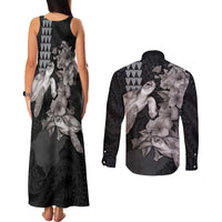 Hawaiian Turtle Love Couple Couples Matching Tank Maxi Dress and Long Sleeve Button Shirt - Sweet Hibiscus and Kakau Pattern Grayscale Color LT03 - Polynesian Pride