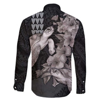 Hawaiian Turtle Love Couple Family Matching Short Sleeve Bodycon Dress and Hawaiian Shirt - Sweet Hibiscus and Kakau Pattern Grayscale Color