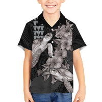 Hawaiian Turtle Love Couple Family Matching Summer Maxi Dress and Hawaiian Shirt - Sweet Hibiscus and Kakau Pattern Grayscale Color LT03 Son's Shirt Black - Polynesian Pride