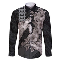 Hawaiian Turtle Love Couple Family Matching Tank Maxi Dress and Hawaiian Shirt - Sweet Hibiscus and Kakau Pattern Grayscale Color LT03 Dad's Shirt - Long Sleeve Black - Polynesian Pride