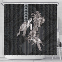 Hawaiian Turtle Love Couple Shower Curtain - Sweet Hibiscus and Kakau Pattern Grayscale Color LT03 - Polynesian Pride