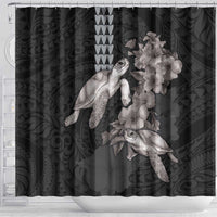 Hawaiian Turtle Love Couple Shower Curtain - Sweet Hibiscus and Kakau Pattern Grayscale Color LT03 - Polynesian Pride