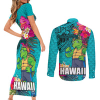 Hawaii Great Aloha Run 40th Anniversary Couples Matching Short Sleeve Bodycon Dress and Long Sleeve Button Shirt With Turtle Mascot Marathon Hibiscus and Kakau LT03 - Polynesian Pride