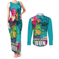 Hawaii Great Aloha Run 40th Anniversary Couples Matching Tank Maxi Dress and Long Sleeve Button Shirt With Turtle Mascot Marathon Hibiscus and Kakau LT03 Turquoise - Polynesian Pride