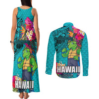 Hawaii Great Aloha Run 40th Anniversary Couples Matching Tank Maxi Dress and Long Sleeve Button Shirt With Turtle Mascot Marathon Hibiscus and Kakau LT03 - Polynesian Pride