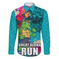 Hawaii Great Aloha Run 40th Anniversary Family Matching Summer Maxi Dress and Hawaiian Shirt With Turtle Mascot Marathon Hibiscus and Kakau LT03 Dad's Shirt - Long Sleeve Turquoise - Polynesian Pride