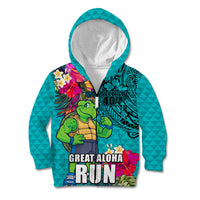 Hawaii Great Aloha Run 40th Anniversary Kid Hoodie With Turtle Mascot Marathon Hibiscus and Kakau LT03 Zip Hoodie Turquoise - Polynesian Pride