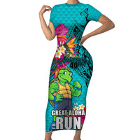 Hawaii Great Aloha Run 40th Anniversary Short Sleeve Bodycon Dress With Turtle Mascot Marathon Hibiscus and Kakau LT03 Long Dress Turquoise - Polynesian Pride