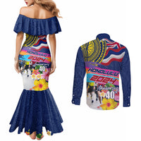 Hawaii Great Aloha Run 40th Anniversary Couples Matching Mermaid Dress and Long Sleeve Button Shirt Hibiscus and Kakau Pattern LT03 - Polynesian Pride