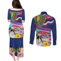 Hawaii Great Aloha Run 40th Anniversary Couples Matching Puletasi and Long Sleeve Button Shirt Hibiscus and Kakau Pattern LT03 - Polynesian Pride