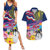 Hawaii Great Aloha Run 40th Anniversary Couples Matching Summer Maxi Dress and Hawaiian Shirt Hibiscus and Kakau Pattern LT03 Blue - Polynesian Pride