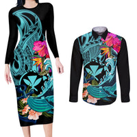 Hawaii Couples Matching Long Sleeve Bodycon Dress and Long Sleeve Button Shirt Whale Mix Hibiscus and Kanaka Maoli LT03 Black - Polynesian Pride