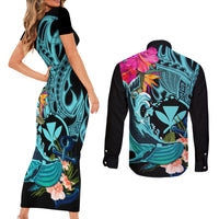 Hawaii Couples Matching Short Sleeve Bodycon Dress and Long Sleeve Button Shirt Whale Mix Hibiscus and Kanaka Maoli LT03 - Polynesian Pride