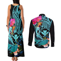 Hawaii Couples Matching Tank Maxi Dress and Long Sleeve Button Shirt Whale Mix Hibiscus and Kanaka Maoli LT03 - Polynesian Pride