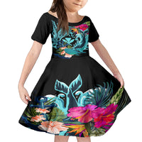 Hawaii Kid Short Sleeve Dress Whale Mix Hibiscus and Kanaka Maoli LT03 KID Black - Polynesian Pride
