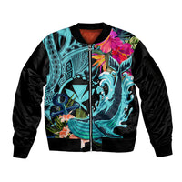 Hawaii Sleeve Zip Bomber Jacket Whale Mix Hibiscus and Kanaka Maoli LT03 Unisex Black - Polynesian Pride