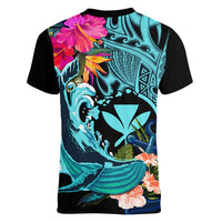 Hawaii Women V Neck T Shirt Whale Mix Hibiscus and Kanaka Maoli LT03 - Polynesian Pride