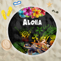Hawaii Lei Day Beach Blanket Hibiscus Wreath and Polynesian Pattern