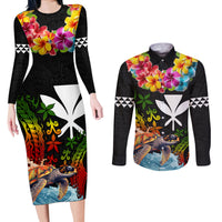 Hawaii Lei Day Couples Matching Long Sleeve Bodycon Dress and Long Sleeve Button Shirt Hibiscus Wreath and Polynesian Pattern LT03 Black - Polynesian Pride