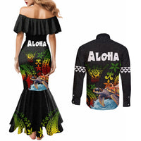 Hawaii Lei Day Couples Matching Mermaid Dress and Long Sleeve Button Shirt Hibiscus Wreath and Polynesian Pattern LT03 - Polynesian Pride