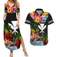 Hawaii Lei Day Couples Matching Summer Maxi Dress and Hawaiian Shirt Hibiscus Wreath and Polynesian Pattern LT03 Black - Polynesian Pride