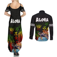 Hawaii Lei Day Couples Matching Summer Maxi Dress and Long Sleeve Button Shirt Hibiscus Wreath and Polynesian Pattern LT03 - Polynesian Pride