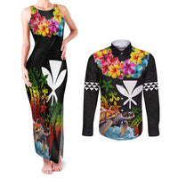 Hawaii Lei Day Couples Matching Tank Maxi Dress and Long Sleeve Button Shirt Hibiscus Wreath and Polynesian Pattern LT03 Black - Polynesian Pride