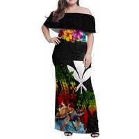 Hawaii Lei Day Family Matching Off Shoulder Maxi Dress and Hawaiian Shirt Hibiscus Wreath and Polynesian Pattern