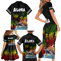 Hawaii Lei Day Family Matching Short Sleeve Bodycon Dress and Hawaiian Shirt Hibiscus Wreath and Polynesian Pattern