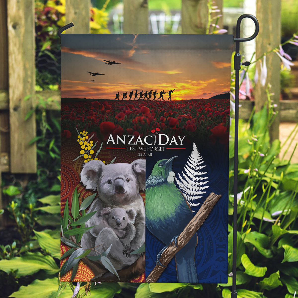 Australia and New Zealand ANZAC Day Garden Flag Tui Bird and Koala mix Maori and Aboriginal Pattern