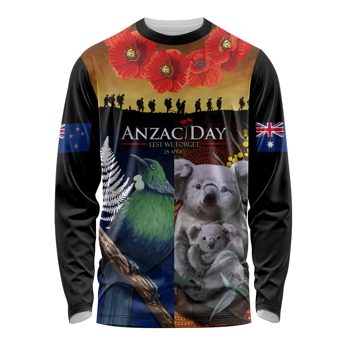 Australia and New Zealand ANZAC Day Long Sleeve Shirt Tui Bird and Koala mix Maori and Aboriginal Pattern
