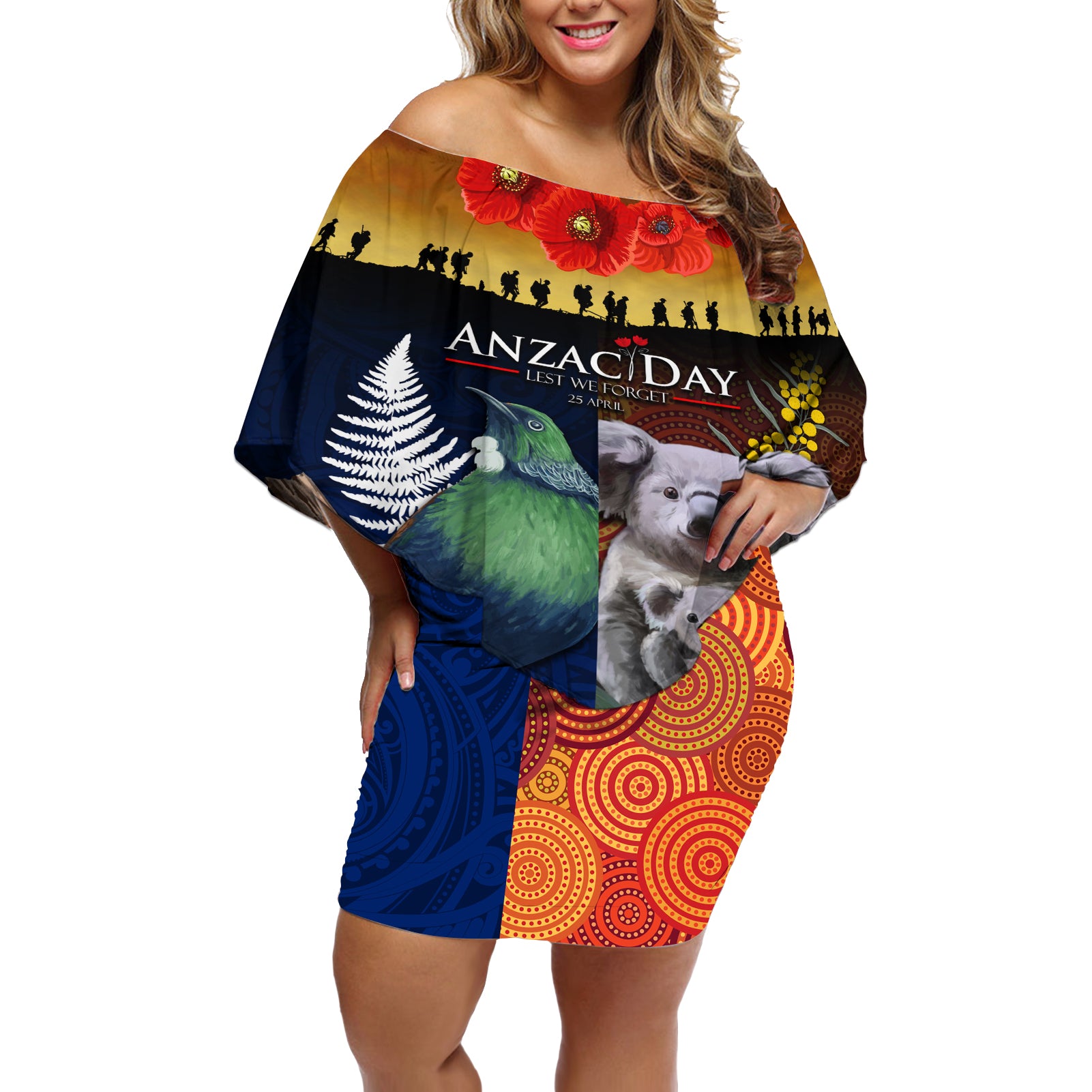 Australia and New Zealand ANZAC Day Off Shoulder Short Dress Tui Bird and Koala mix Maori and Aboriginal Pattern