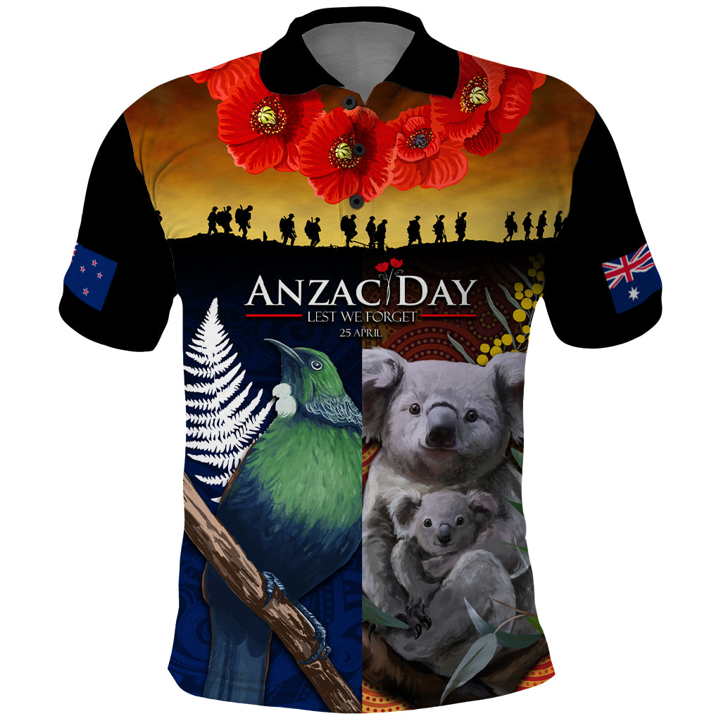 Australia and New Zealand ANZAC Day Polo Shirt Tui Bird and Koala mix Maori and Aboriginal Pattern