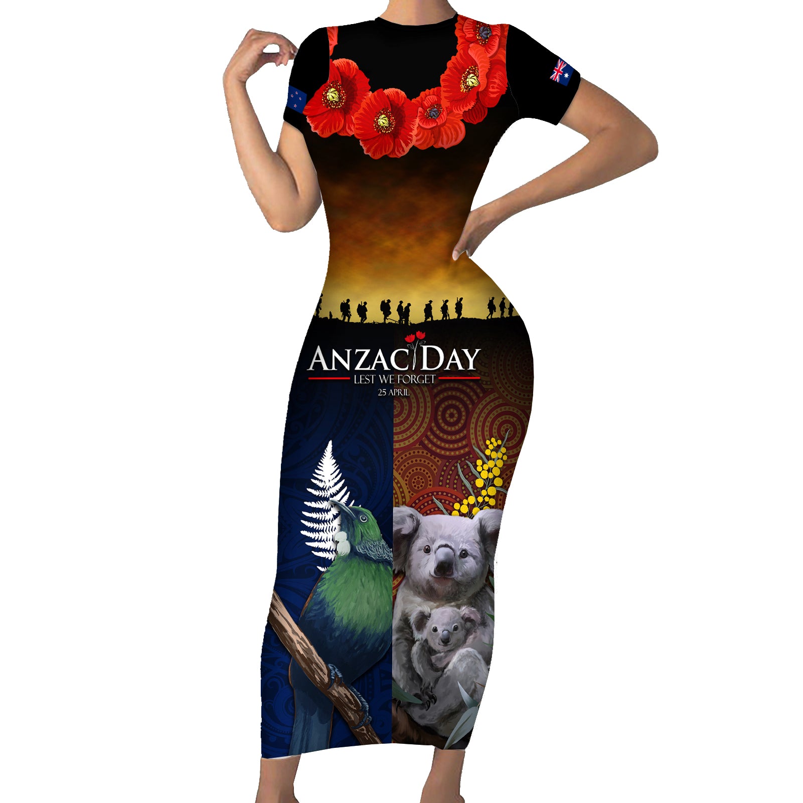 Australia and New Zealand ANZAC Day Short Sleeve Bodycon Dress Tui Bird and Koala mix Maori and Aboriginal Pattern