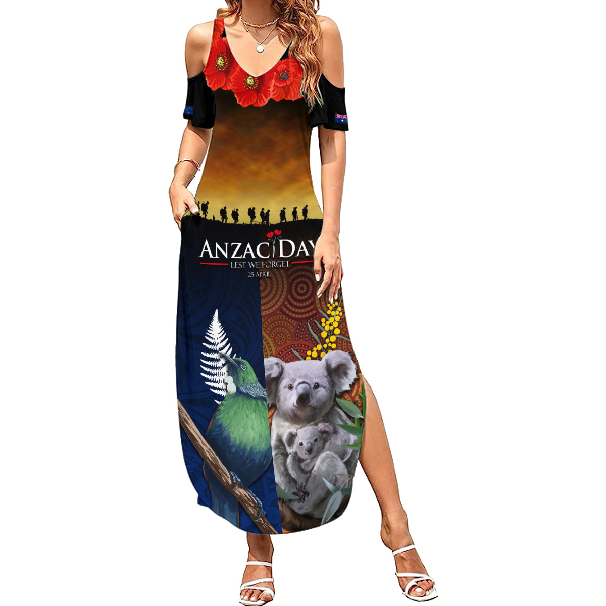 Australia and New Zealand ANZAC Day Summer Maxi Dress Tui Bird and Koala mix Maori and Aboriginal Pattern
