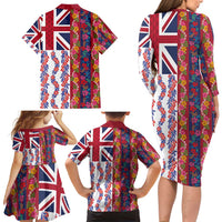 Hawaiian Lei Family Matching Long Sleeve Bodycon Dress and Hawaiian Shirt National Flag Striped Style