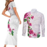 Hawaiian Hibiscus and Art Polynesian Tattoo Couples Matching Short Sleeve Bodycon Dress and Long Sleeve Button Shirt White Color LT03 - Polynesian Pride