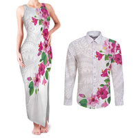 Hawaiian Hibiscus and Art Polynesian Tattoo Couples Matching Tank Maxi Dress and Long Sleeve Button Shirt White Color