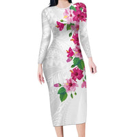 Hawaiian Hibiscus and Art Polynesian Tattoo Long Sleeve Bodycon Dress White Color LT03 Long Dress White - Polynesian Pride