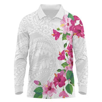 Hawaiian Hibiscus and Art Polynesian Tattoo Long Sleeve Polo Shirt White Color LT03 White - Polynesian Pride