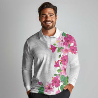 Hawaiian Hibiscus and Art Polynesian Tattoo Long Sleeve Polo Shirt White Color LT03 - Polynesian Pride
