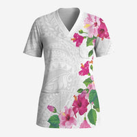 Hawaiian Hibiscus and Art Polynesian Tattoo Scrub Top White Color - Polynesian Pride