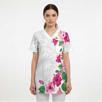 Hawaiian Hibiscus and Art Polynesian Tattoo Scrub Top White Color - Polynesian Pride