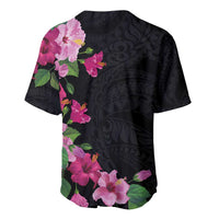 Hawaiian Hibiscus and Art Polynesian Tattoo Baseball Jersey Black Color