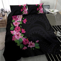Hawaiian Hibiscus and Art Polynesian Tattoo Bedding Set Black Color