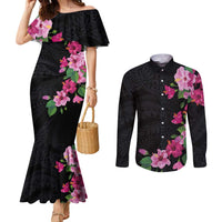 Hawaiian Hibiscus and Art Polynesian Tattoo Couples Matching Mermaid Dress and Long Sleeve Button Shirt Black Color LT03 Black - Polynesian Pride