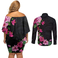 Hawaiian Hibiscus and Art Polynesian Tattoo Couples Matching Off Shoulder Short Dress and Long Sleeve Button Shirt Black Color