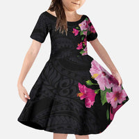 Hawaiian Hibiscus and Art Polynesian Tattoo Family Matching Mermaid Dress and Hawaiian Shirt Black Color LT03 Daughter's Dress Black - Polynesian Pride