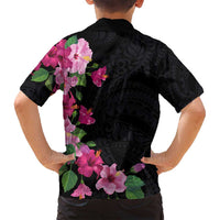 Hawaiian Hibiscus and Art Polynesian Tattoo Family Matching Off Shoulder Short Dress and Hawaiian Shirt Black Color LT03 - Polynesian Pride